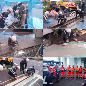 左上：斫り工、右上：伸縮装置設置工、中左：溶接工、中右：超速硬コンクリート打設工、左下：段差修正工、右下：安全第一を確認