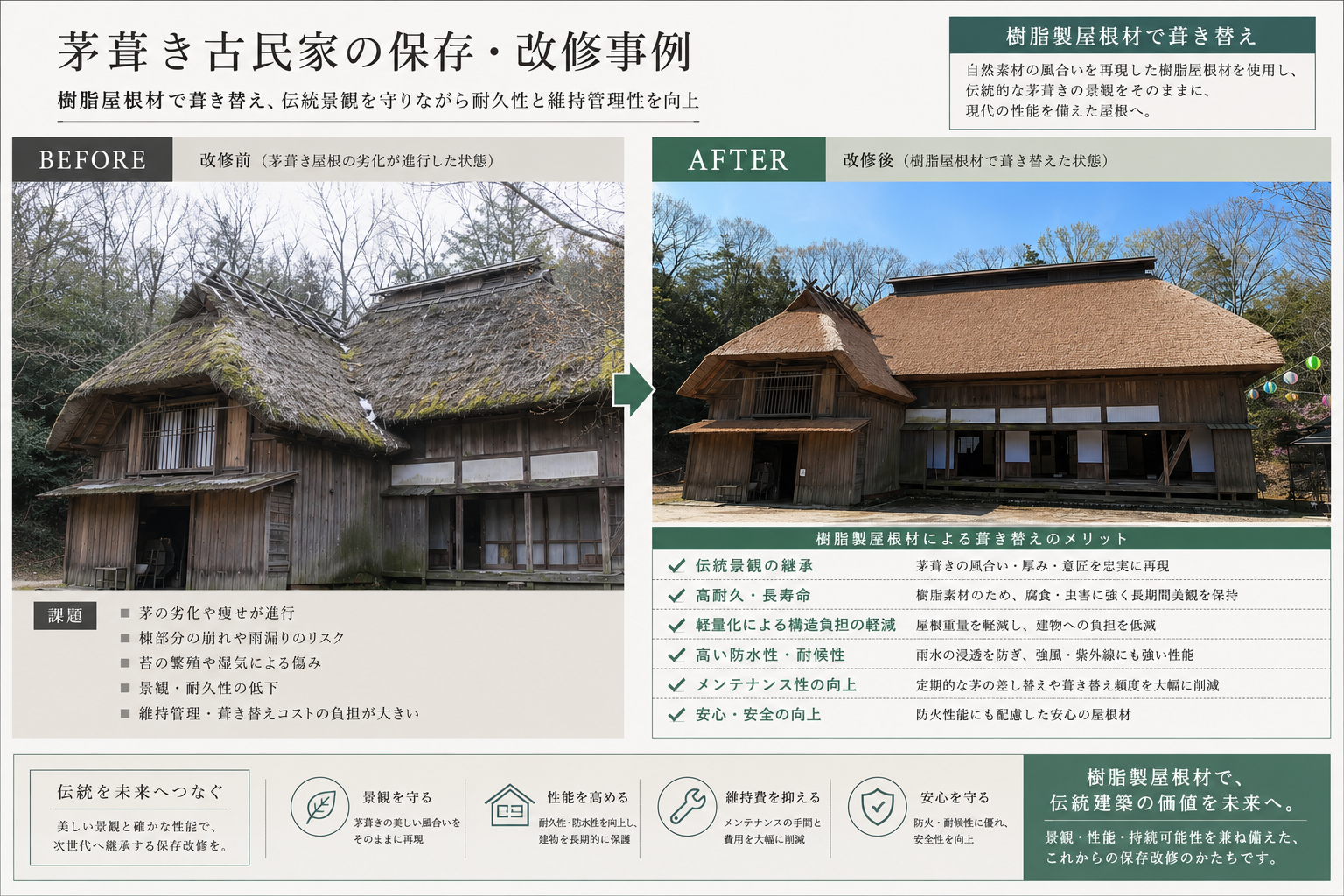 モルタルハウス 里の冬 茅葺き屋根の家 人工茅葺の屋根材『PERMANENT THATCH』 日本セラミックス | イプロス