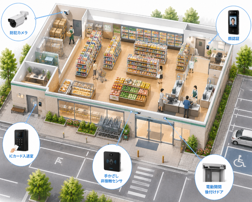 店舗の防犯対策から従業員の入退出まで一括サポート◆