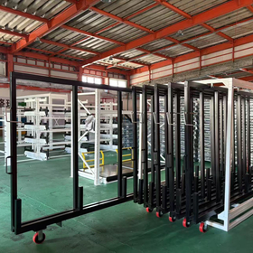 Vertical storage for boards and panels - sliding type leaning rack