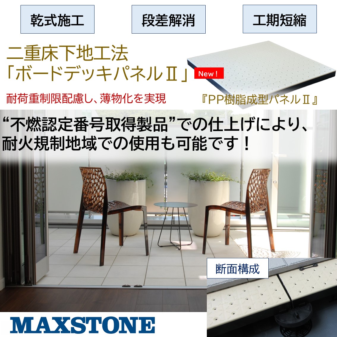 バリアフリー仕上げフラットバルコニー下地材『ボードデッキパネル』