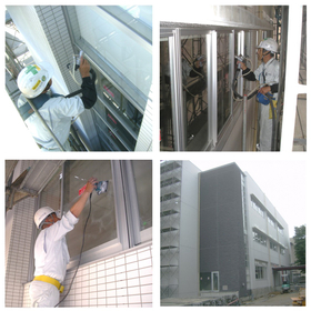 高校校舎のガラスの光触媒施工事例（防汚対策））です