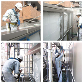 団体施設の外壁とガラスの光触媒施工事例(防汚対策)です