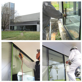 建設会社研究施設ガラスの防汚対策の光触媒施工事例です