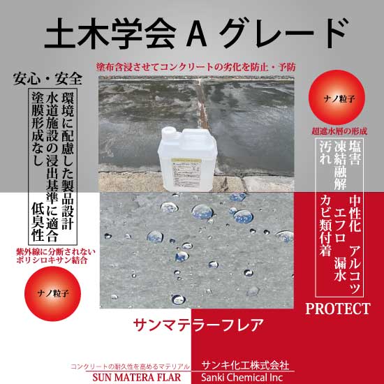 超微粒子含浸性コンクリート遮水吸水防止剤『サンマテラーフレア』