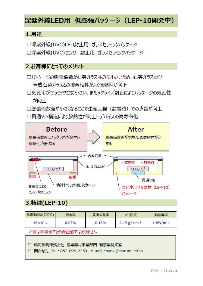深紫外線LED用　低膨張パッケージ