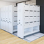 Mobile shelving unit with personal storage for office use.