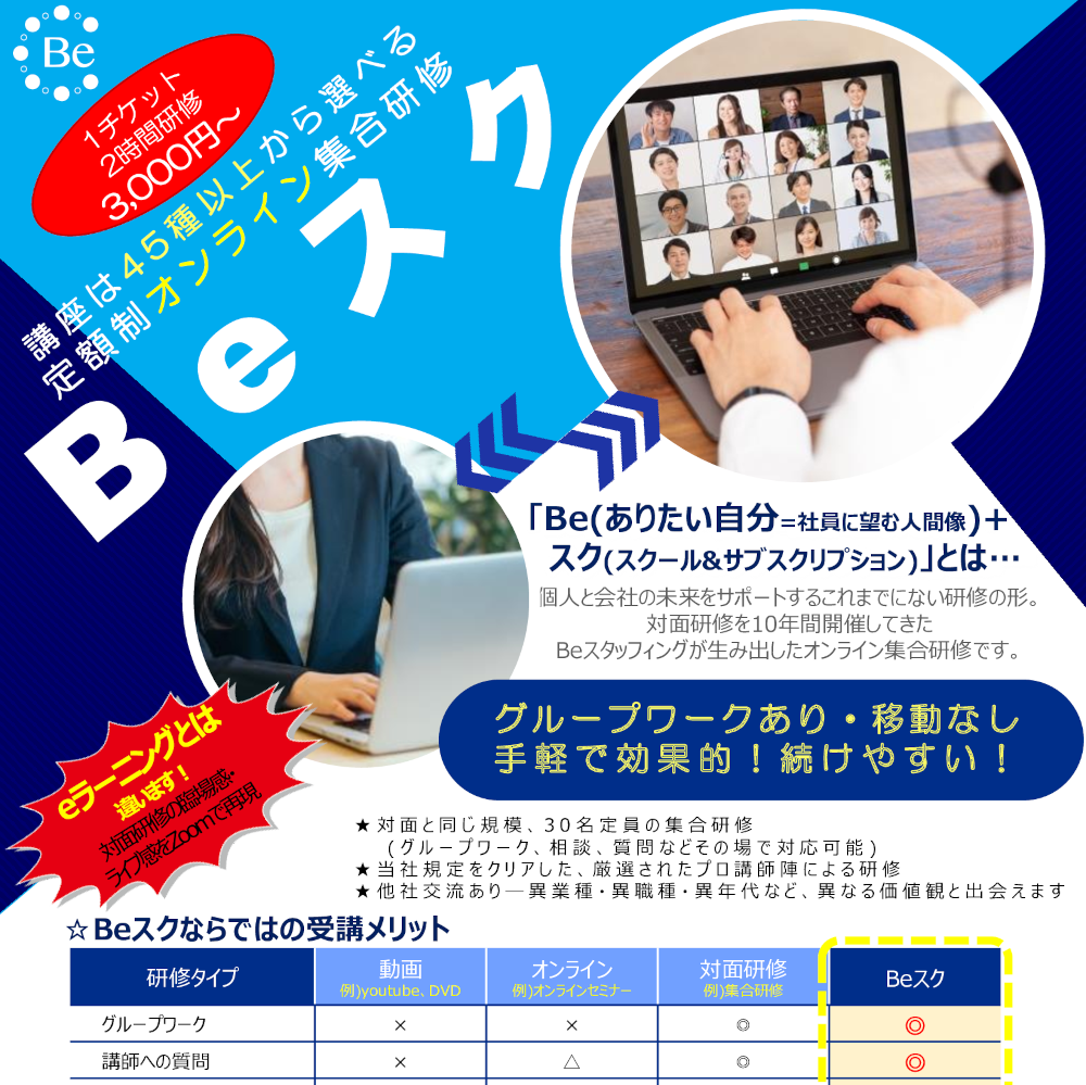 定額制オンライン研修『Beスク』(双方向型Zoom研修)